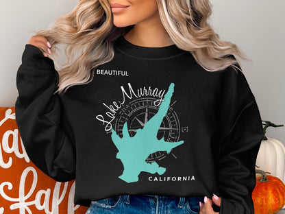 Black sweatshirt with "Lake Murray California" and compass rose graphic.