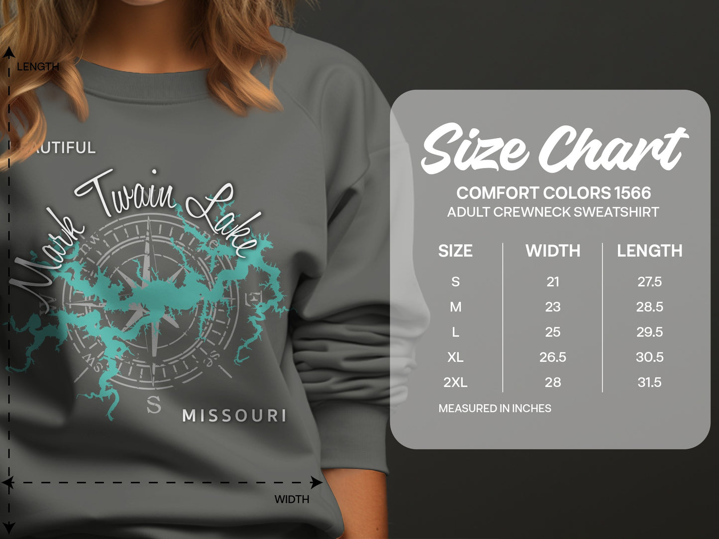 Crewneck sweatshirt size chart with "Mark Twain Lake Missouri" graphic.