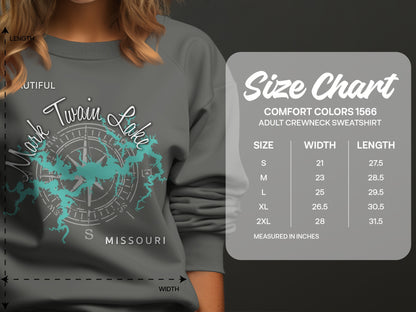 Crewneck sweatshirt size chart with "Mark Twain Lake Missouri" graphic.