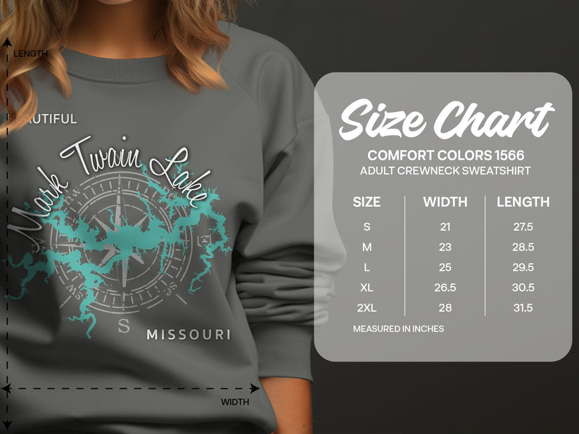Crewneck sweatshirt size chart with "Mark Twain Lake Missouri" graphic.