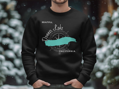 Black sweatshirt with "Donner Lake California" text and a turquoise lake graphic.