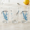 Three clear glasses with Lake Murray, Oklahoma map design and compass rose.