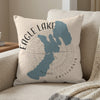 Beige pillow with blue Eagle Lake, California map design and compass graphic.