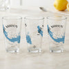 Three clear glasses feature blue Lake Marion maps and compass designs.
