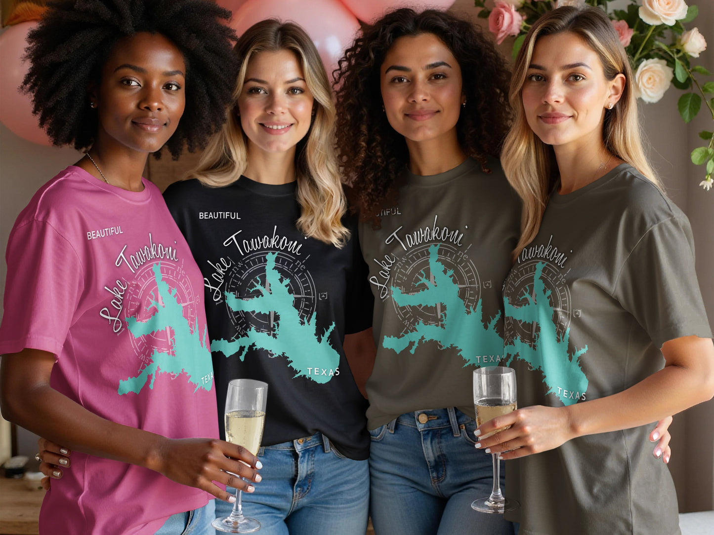 Four women wear t-shirts with Lake Tawakoni Texas graphic designs.