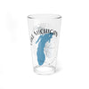 Clear glass pint glass with blue outline of Lake Michigan and text.