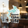 Beaver Lake Life sticker with turquoise lake outline and black text.
