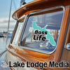 Teal "Bass Life" sticker on boat window, with "Lake Lodge Media" overlay.