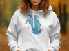 White hoodie with blue Lake George Florida map and compass design.