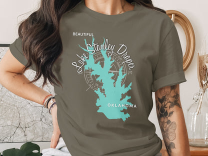Teal map of Lake Stanley Draper, Oklahoma, on a charcoal t-shirt.