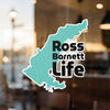 A light blue map outline sticker for Ross Barnett Life.