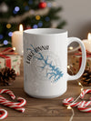 White mug with Lake Anna Virginia map and compass graphic, surrounded by Christmas decor.