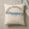 Pillow with "North Channel Michigan" text, map silhouette, and compass rose design.