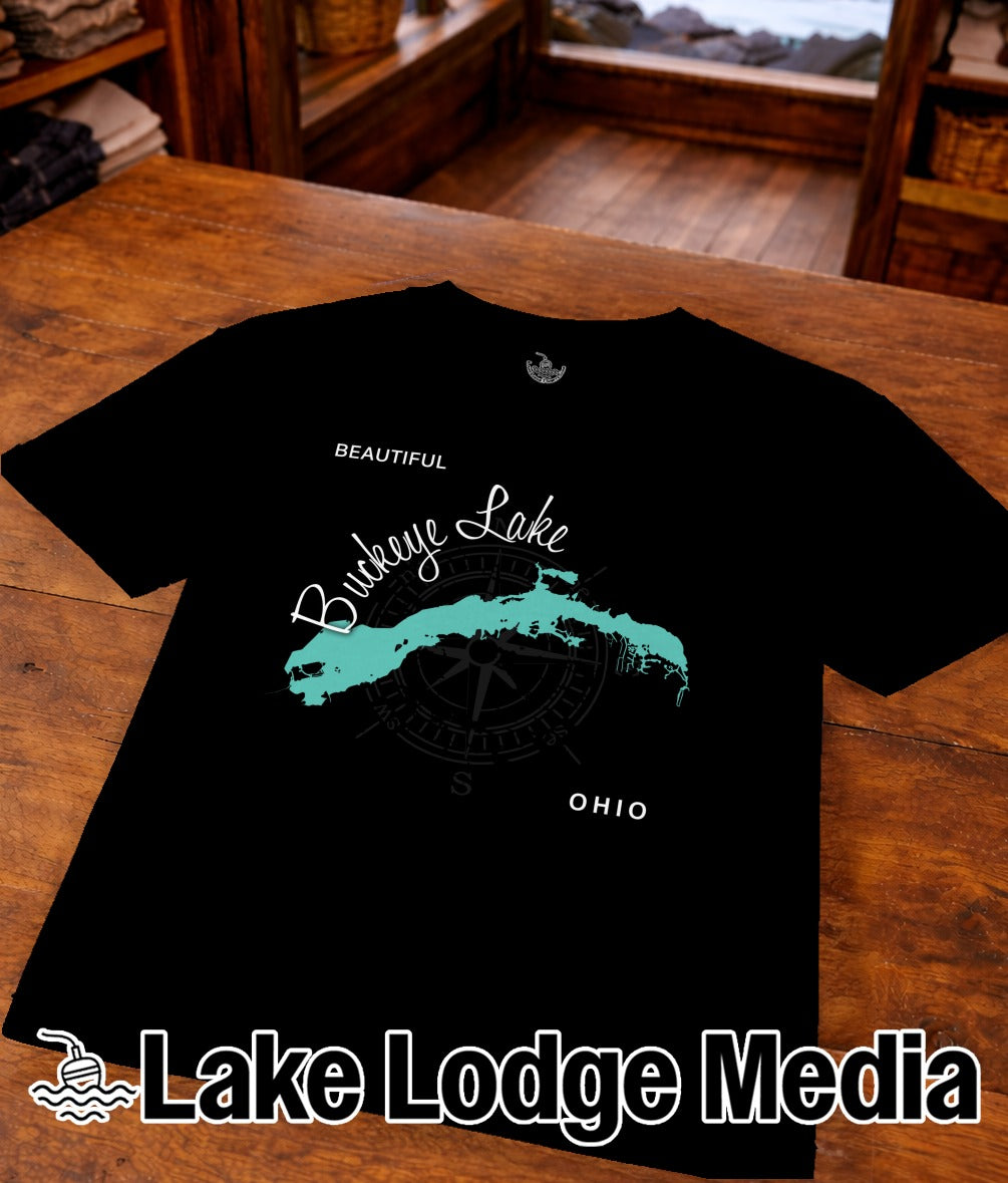 Black t-shirt with a map of Buckeye Lake and "Lake Lodge Media" logo.