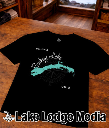 Black t-shirt with a map of Buckeye Lake and "Lake Lodge Media" logo.