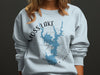 Light blue sweatshirt with Moss Lake, North Carolina map and compass design.