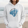White hoodie with Indian Lake Ohio map and compass graphic.