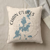 Chain O'Lakes Illinois map design on a cream textured pillow.