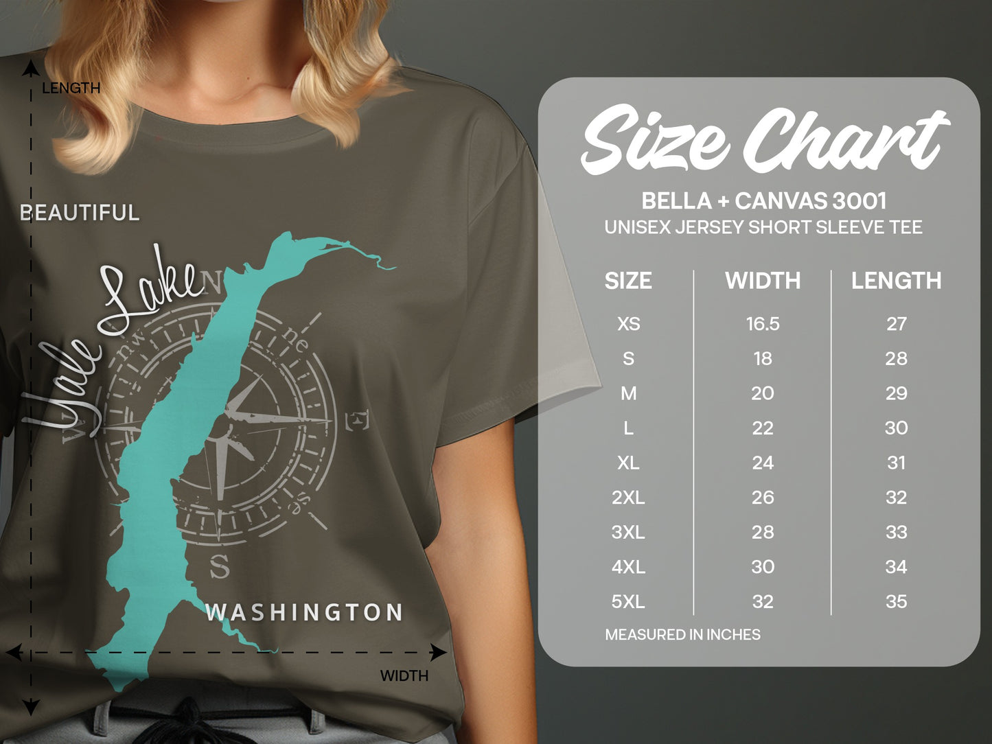 T-shirt with compass rose design and "Beautiful Lake Washington" text, with size chart.