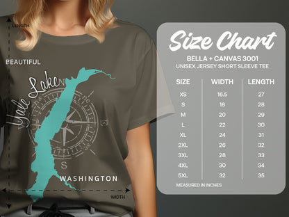 T-shirt with compass rose design and "Beautiful Lake Washington" text, with size chart.