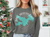 Dark gray sweatshirt with turquoise Lake Arrowhead map and compass design.