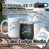 White mug, black tumbler, and white water bottle with lake design and text.