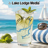 Tall glass with a tropical drink, limes, mint, and "Puswap Lake British Columbia" map design.