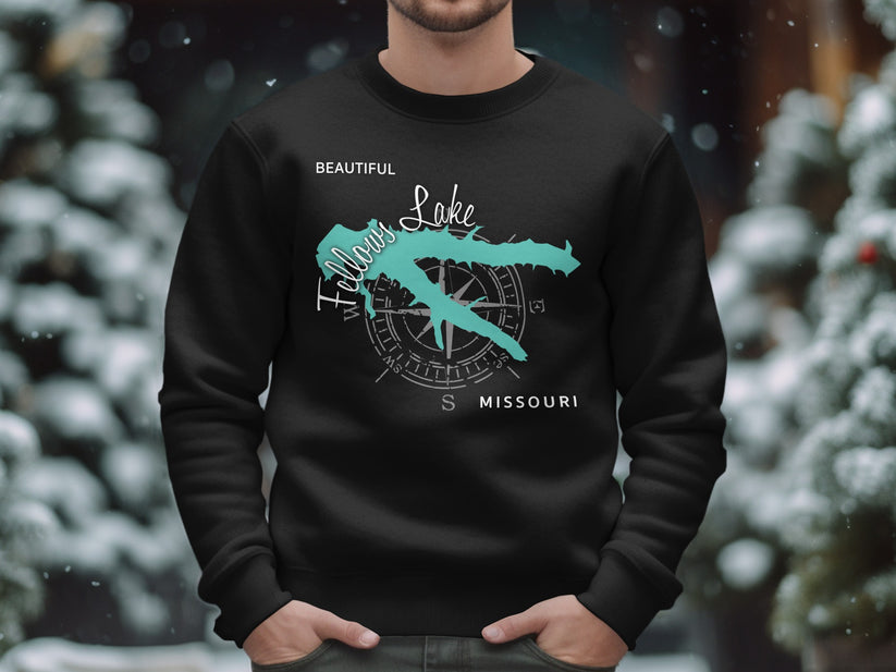 Black sweatshirt with Willow Lake, Missouri map and compass design.