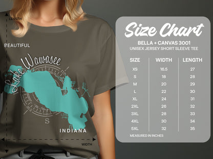 Bella + Canvas 3001 size chart showing unisex tee dimensions in inches.