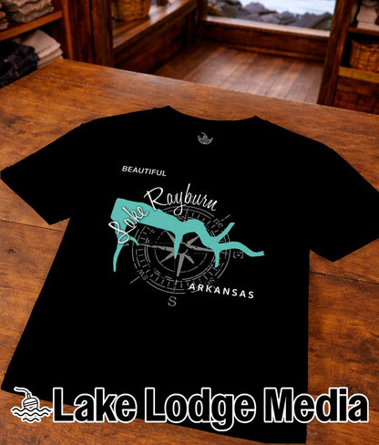 Black t-shirt with "Beautiful Lake Rayburn Arkansas" and compass graphic.