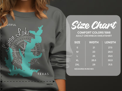 Lake Lavon Texas graphic on a gray sweatshirt with a size chart.