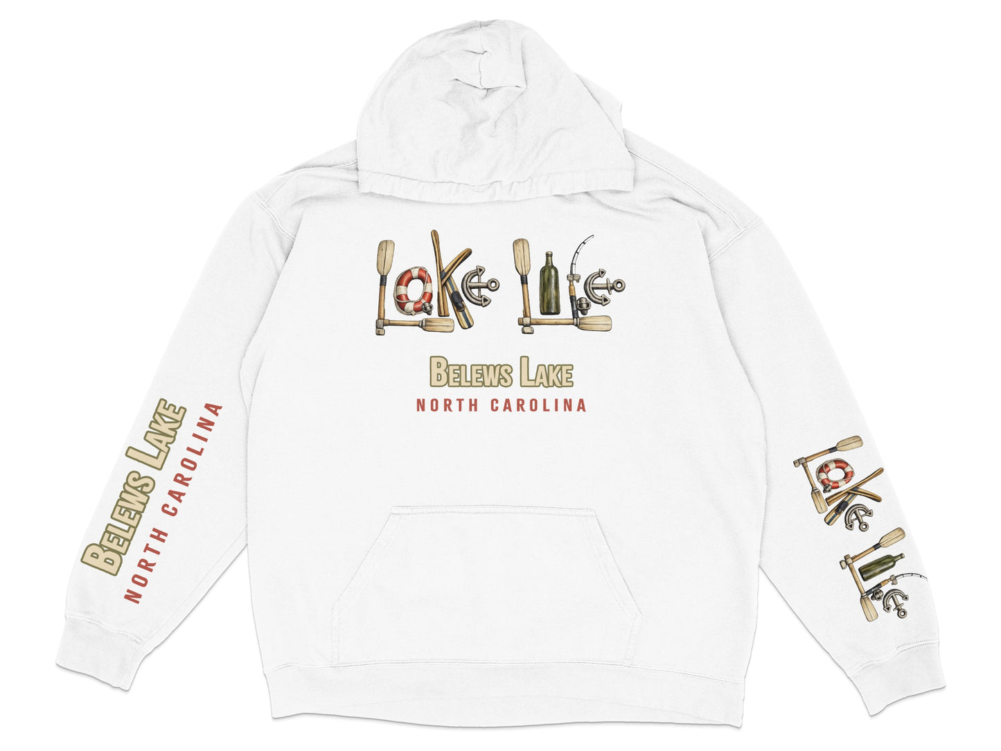 White hoodie with "Lake Life" text and lake graphics.