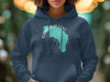 Navy blue hoodie with Garibaldi Lake map design and compass graphic.