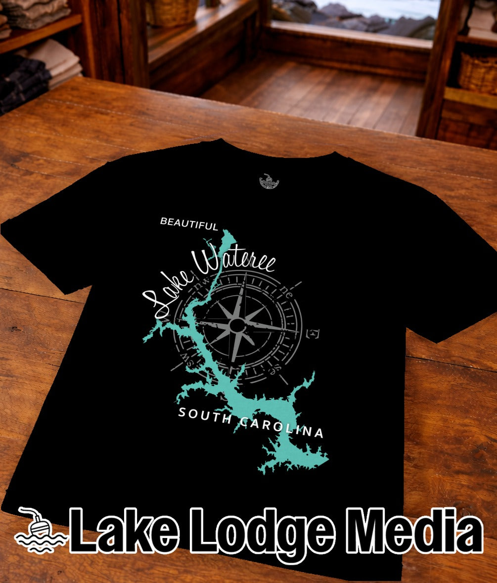 Black t-shirt with turquoise map and compass graphic reading "Lake Wateree, South Carolina".