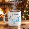 White mug with Lake Texoma map, compass, and "Oklahoma" text.