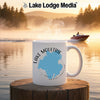 White mug with Lake Moultrie, South Carolina map design.