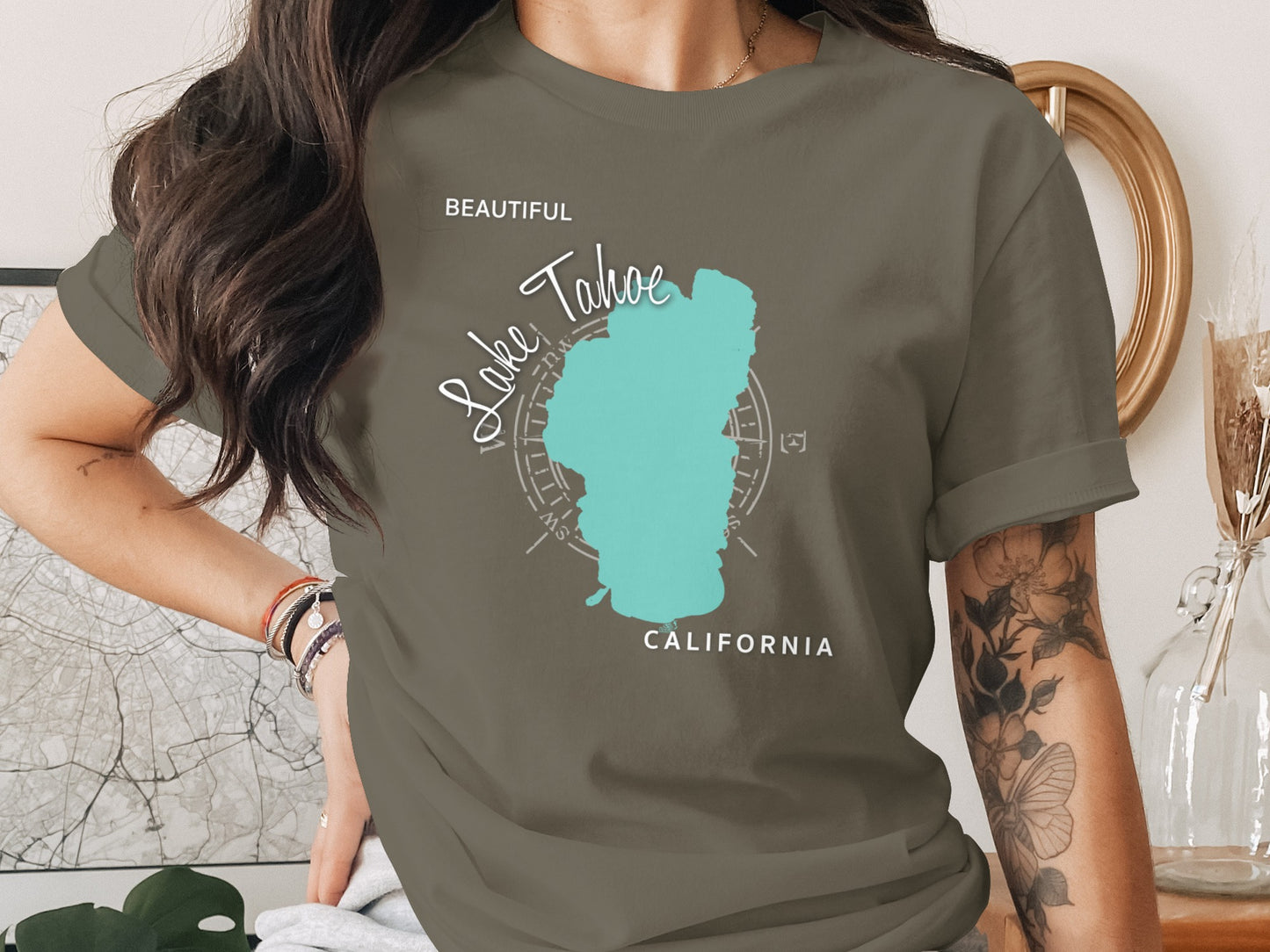 Lake Tahoe California graphic on a woman's t-shirt.