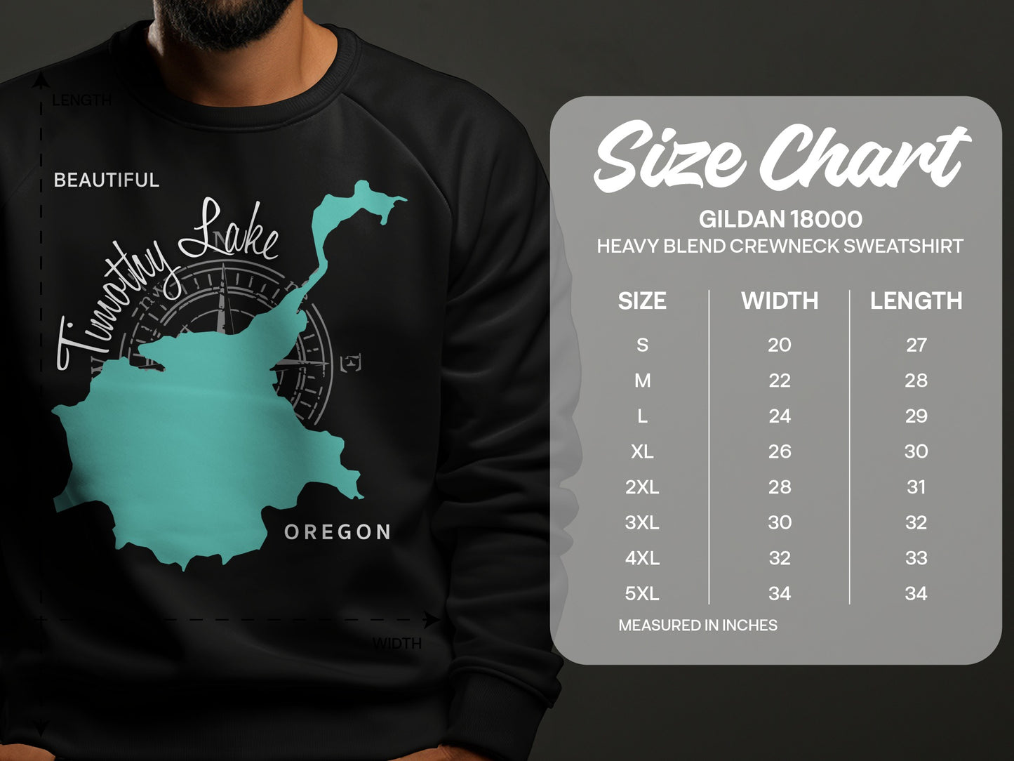 Gildan 18000 sweatshirt size chart with Timothy Lake graphic.