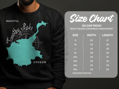 Gildan 18000 sweatshirt size chart with Timothy Lake graphic.