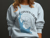 Light blue sweatshirt with Parker Canyon Lake Arizona map design and compass.