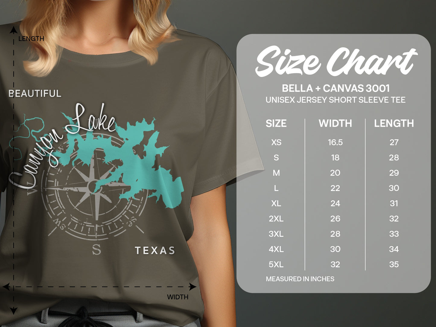 T-shirt size chart for Bella + Canvas 3001 Unisex Jersey Short Sleeve Tee.