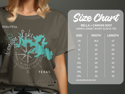 T-shirt size chart for Bella + Canvas 3001 Unisex Jersey Short Sleeve Tee.