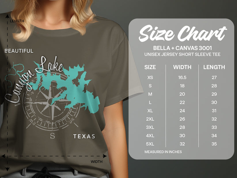 T-shirt size chart for Bella + Canvas 3001 Unisex Jersey Short Sleeve Tee.