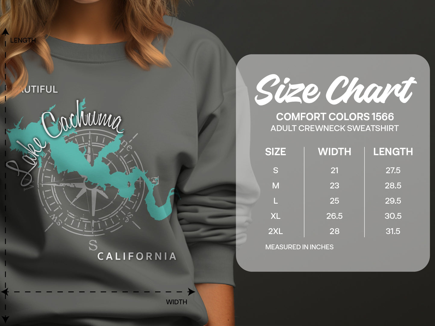 Comfort Colors sweatshirt size chart with measurements in inches.
