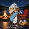 Glass with layered drink and map of Mississippi, S'mores ingredients, campfire, and lake at night.