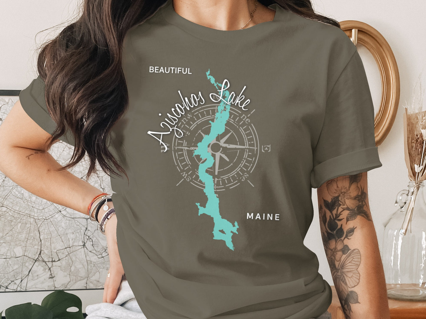 Aziscohos Lake Maine graphic with compass on a gray t-shirt.