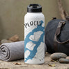 White water bottle with "Placid" text and a blue lake map over a compass.
