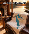 Throw blanket with Lake Merced, California map, compass, and "Lake Lodge Media" text.