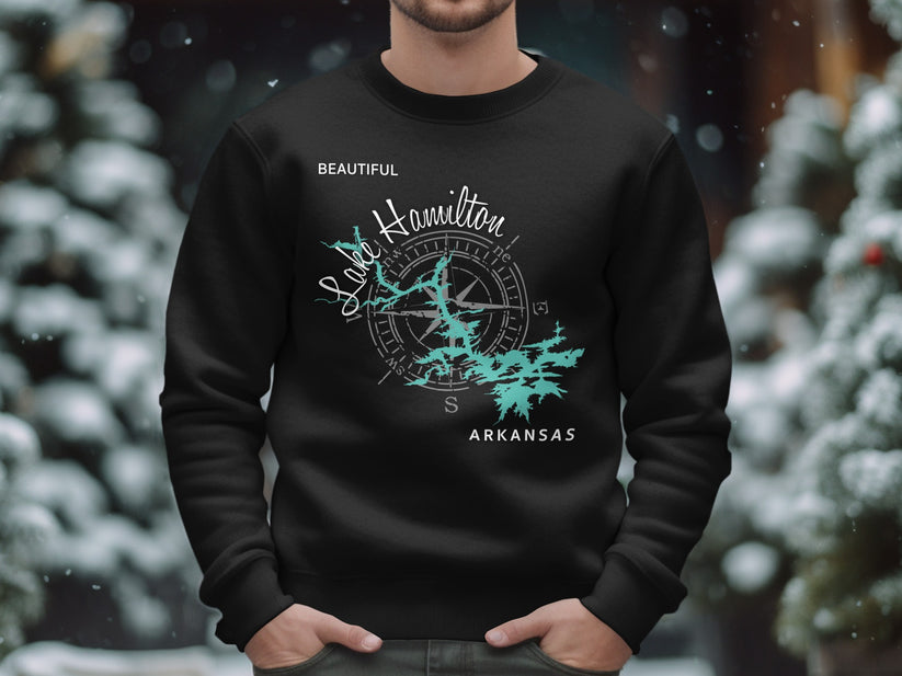 Black sweatshirt with Lake Hamilton Arkansas map and compass graphic.