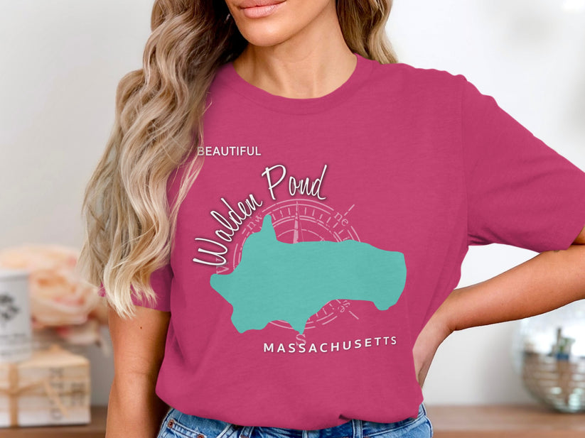 Teal outline of Walden Pond, Massachusetts with compass rose.